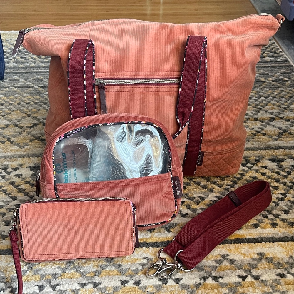 Vera Bradley Salmon and Burgundy Corduroy Women's Bag Set